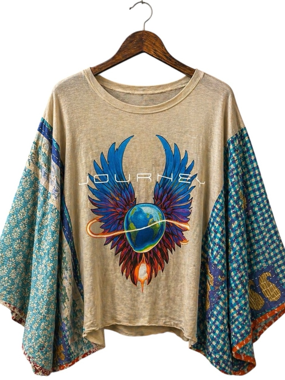 Journey Kantha Poncho XL Upcycled Boho Festival Band Tee One of a Kind - Picture 2 of 8